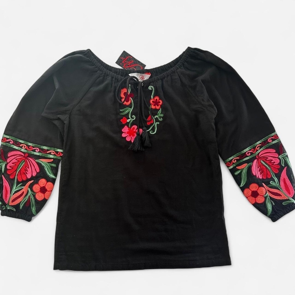 Roja Black Art Nouveau Floral Embroidered Cotton Peasant Blouse NWT Small
